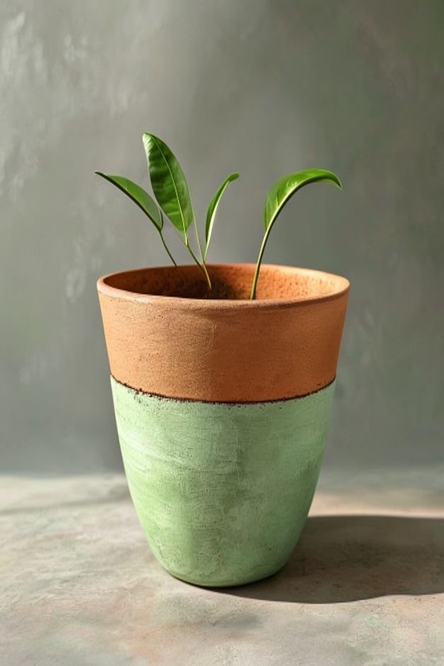 A terra cotta pot painted a soft green featuring a crisp clean band of unpainted or subtly contrasting natural terra cot