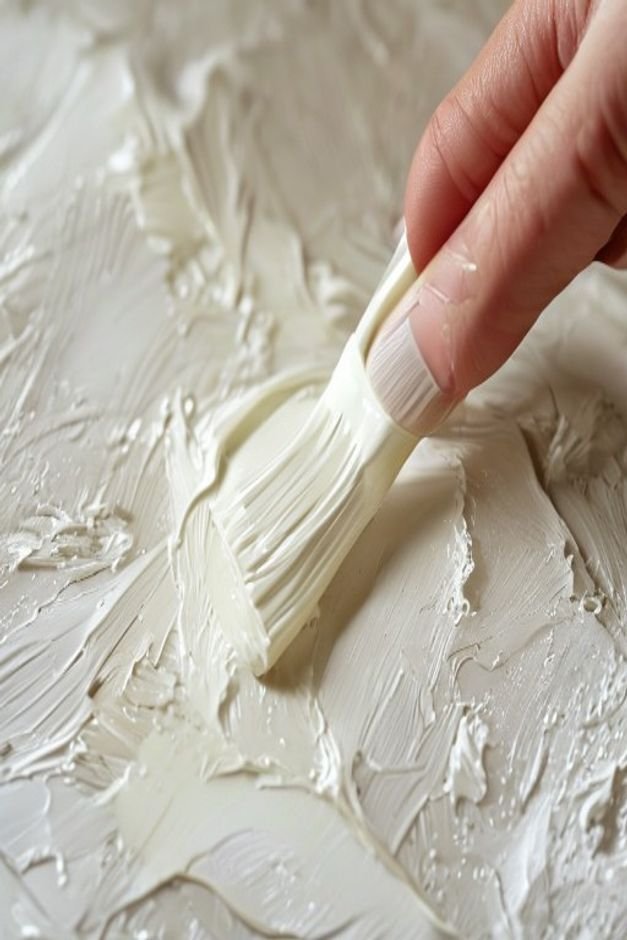 Close-up overhead shot of a hand using a dry brush technique to apply a light creamy white paint over a base layer of de