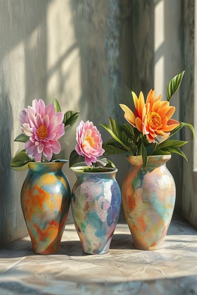 A beautifully styled grouping of three painted flower pots of varying sizes each with a unique complementary paint finis
