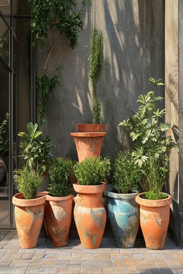 An inviting outdoor corner featuring a carefully curated cluster of five painted terracotta pots of different heights an