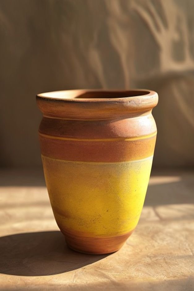 A close-up shot of the base of a beautifully painted terracotta pot perhaps a soft yellow with a subtle stripe sitting p