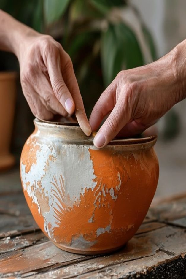 A close-up of a hand carefully peeling off a stencil from a partially painted terracotta pot The stencil reveals a delic