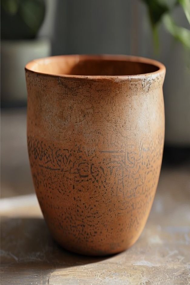 Close-up shot of a terracotta pot with a textured finish perhaps a subtle stenciled pattern or gritty paint holding a sm