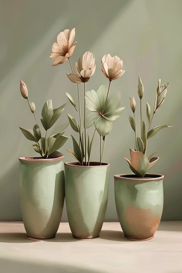 An arrangement of three painted flower pots in varying sizes all in muted sage green and terracotta hues grouped on a we