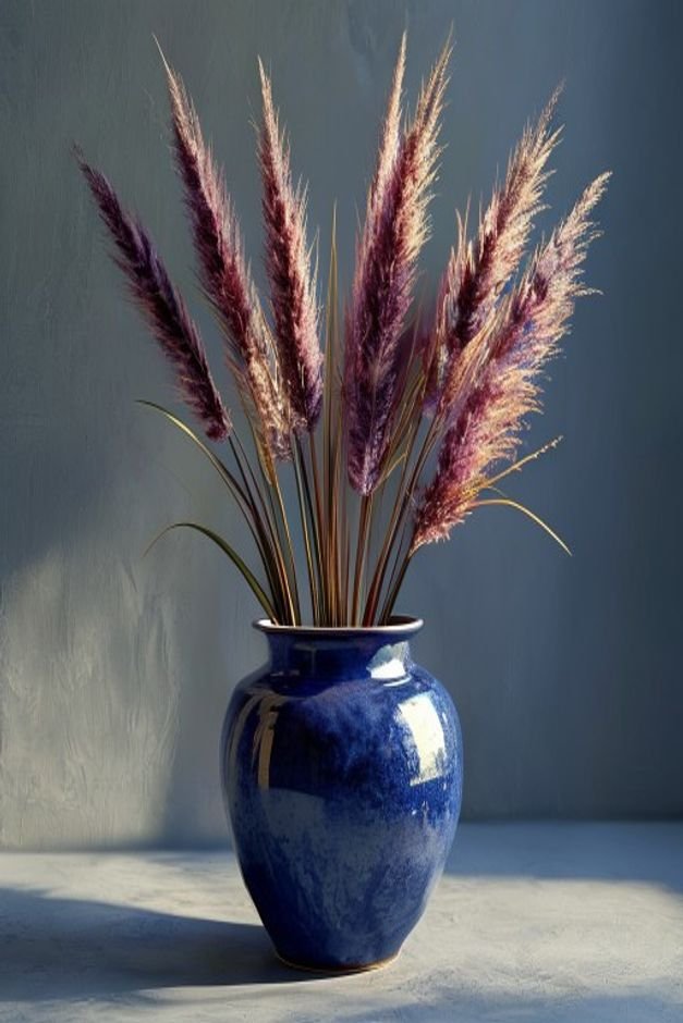 A beautifully styled painted pot perhaps in a deep indigo filled with a vibrant arrangement a tall ornamental grass in t