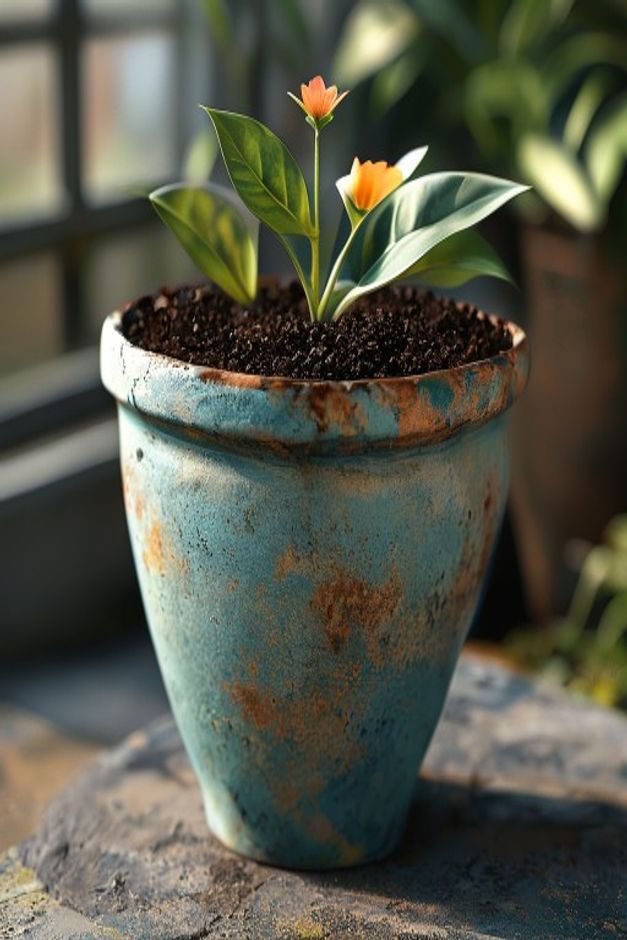 Detail shot of the top of a painted flower pot The pot has a smooth sealed finish and the soil is covered with decorativ