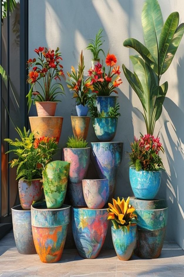 A curated outdoor corner featuring several painted flower pots of different heights and sizes arranged on a tiered plant