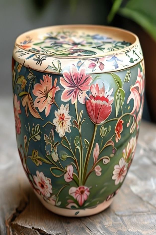 A close-up of a painted flower pot with a delicate decoupage pattern perhaps a floral motif on its surface The pot has a