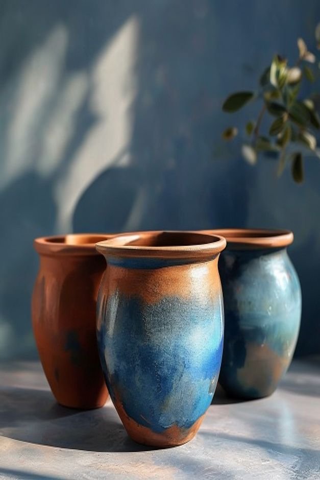 A close-up shot of three medium-sized terracotta pots painted in a monochromatic gradient of deep navy to sky blue They