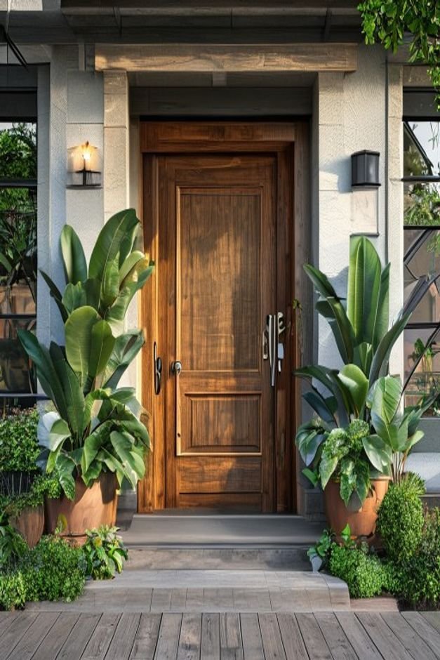 A welcoming home entrance with a heavy wooden door On either side of the doorstep large oversized planters painted in a