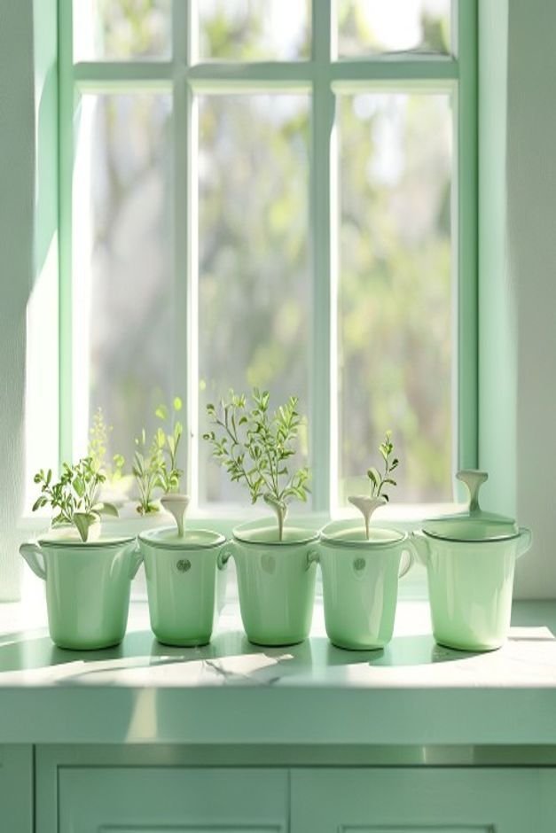 A bright kitchen windowsill featuring a row of five small uniform pots painted in a soft mint green Each pot holds a dif