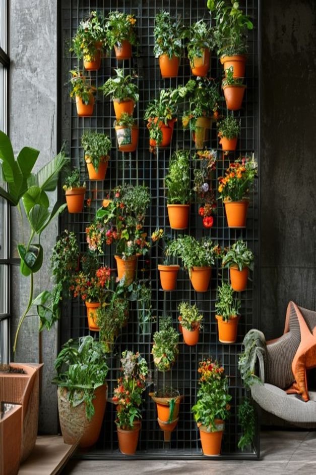 A vertical garden setup on a dark metal grid Small painted flower pots in earthy ochre and burnt sienna are hooked onto