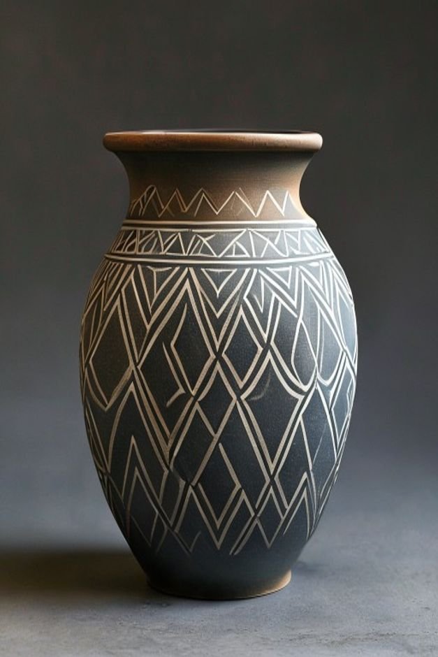 A detailed view of a large clay pot featuring a hand-stenciled geometric pattern in white over a charcoal grey base The