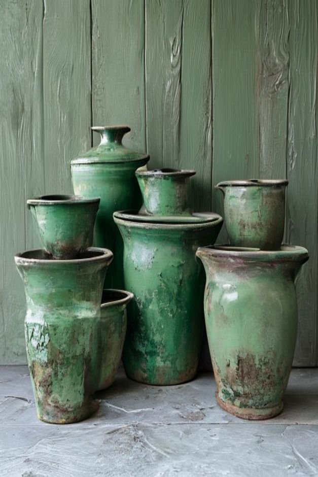 A collection of mismatched old plastic and clay pots all unified by a single coat of matte forest green paint They are c