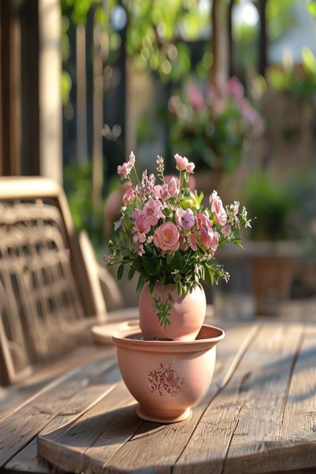 An outdoor patio table setting A small beautifully painted flower pot in a dusty rose color serves as a centerpiece hold