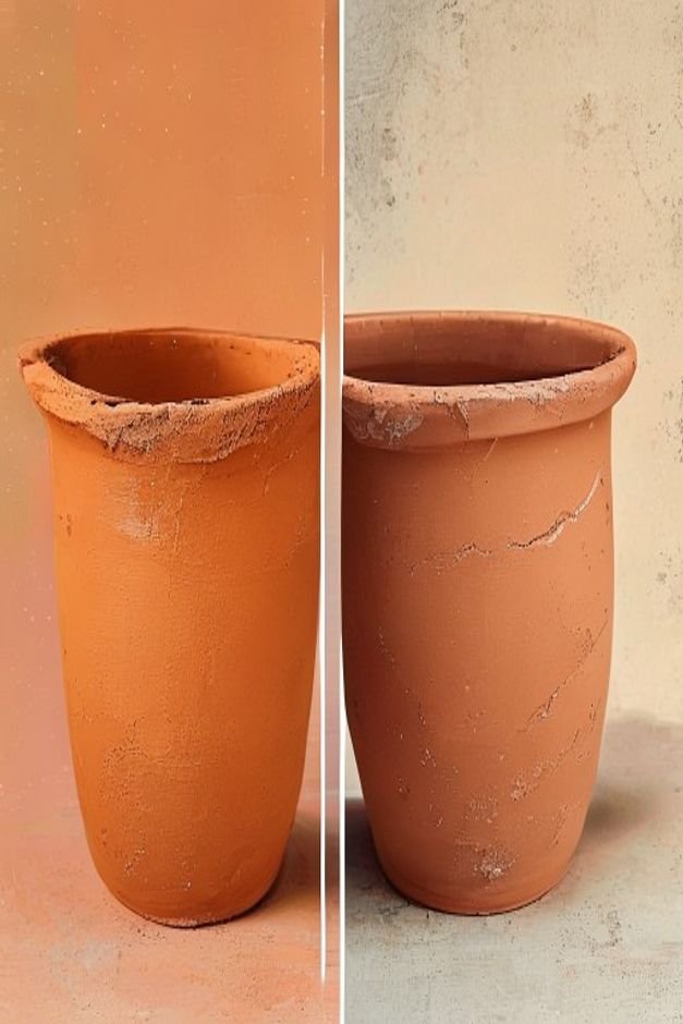 A step-by-step visual of a partially painted terracotta pot One side shows the raw orange clay the other shows a smooth