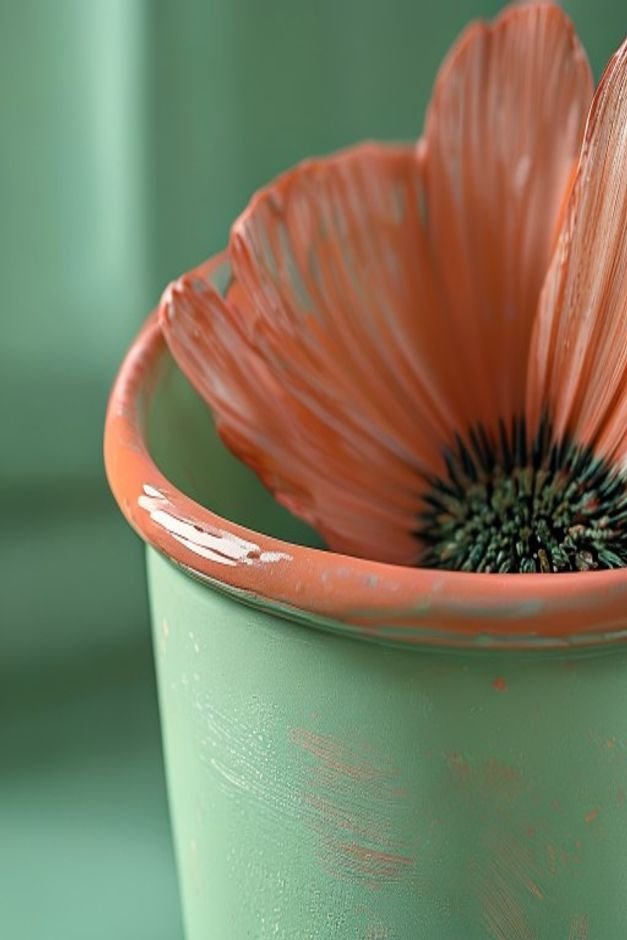 Close-up eye-level shot of a freshly painted terracotta flower pot in a soft sage green with visible brushstrokes adding