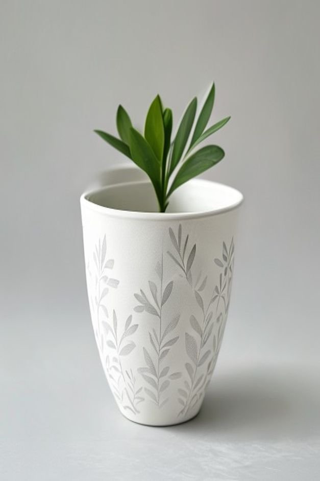 A medium-sized white painted flower pot with a delicate gray botanical stencil pattern applied around its circumference