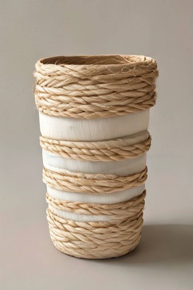 A cylindrical painted flower pot originally cream now partially wrapped with thick natural jute rope secured neatly The