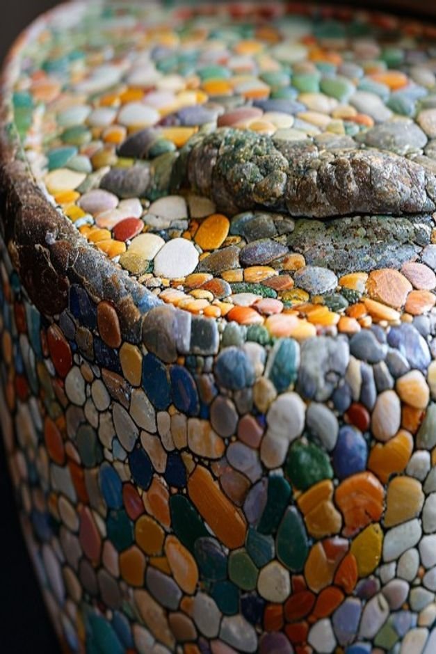 Close-up detail of a section of a painted flower pot adorned with a small mosaic of smooth colorful river pebbles and br