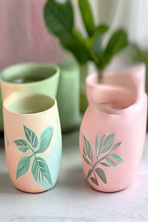 A set of three small round painted flower pots in varying pastel shades each decorated with a hand-stamped leaf pattern