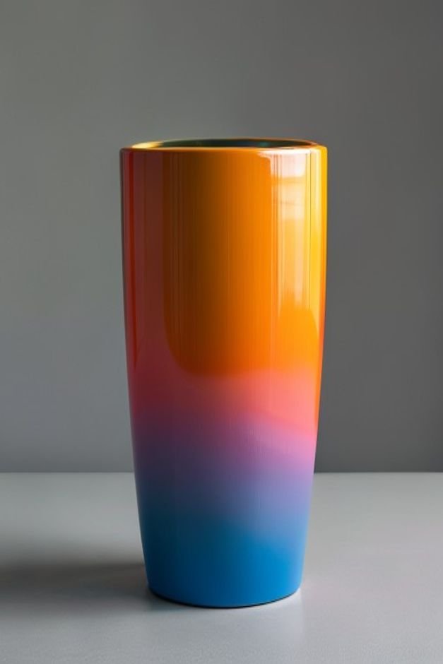 A modern cylindrical painted flower pot with a clean horizontal line dividing it into two colors the bottom half a deep