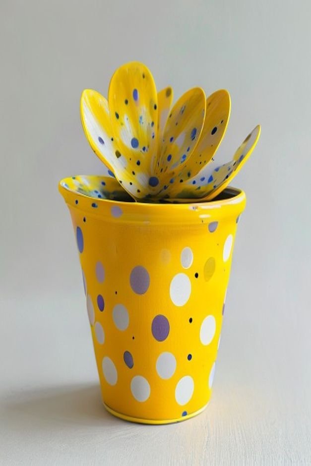 A vibrant yellow painted flower pot with playful abstract white brushstrokes and polka dots It s brimming with a cheerfu