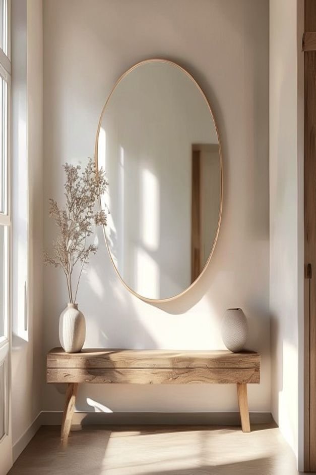 A bright minimalist entryway with a sleek large round mirror positioned over a simple wooden bench The mirror reflects a