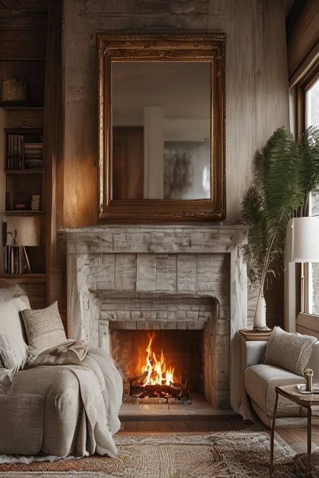 A cozy living room with a generously sized rectangular mirror hanging above a fireplace mantel The mirror s width is sli