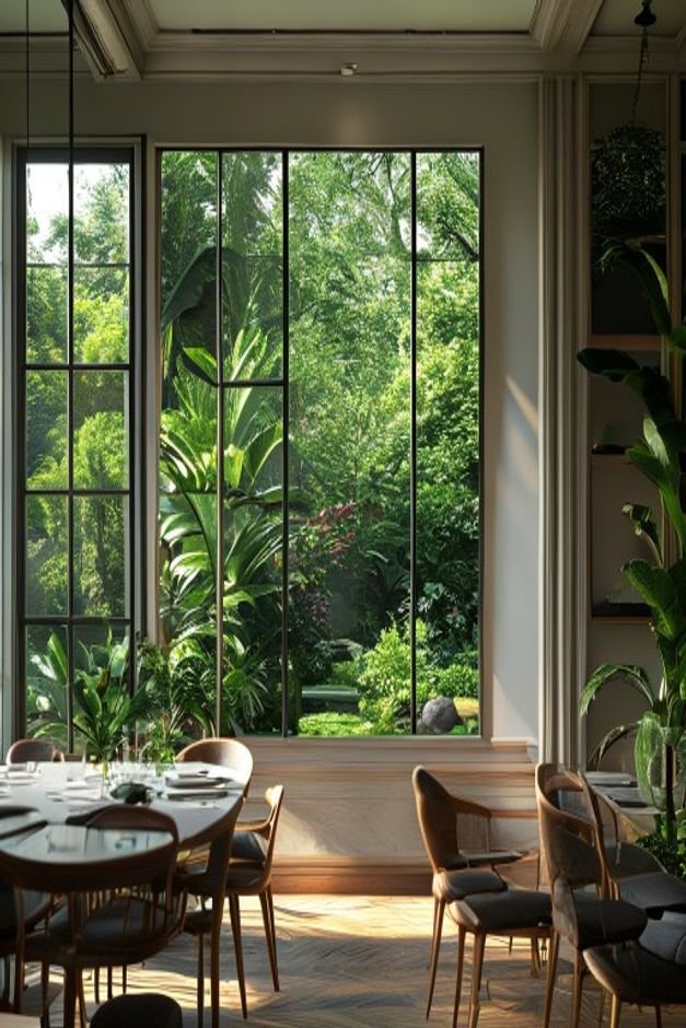 A dining room with a large tall mirror placed directly opposite a window reflecting the greenery of an outdoor garden an