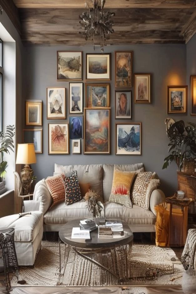 An eclectic gallery wall in a living space featuring a mix of framed art photographs and a medium-sized antique-style mi