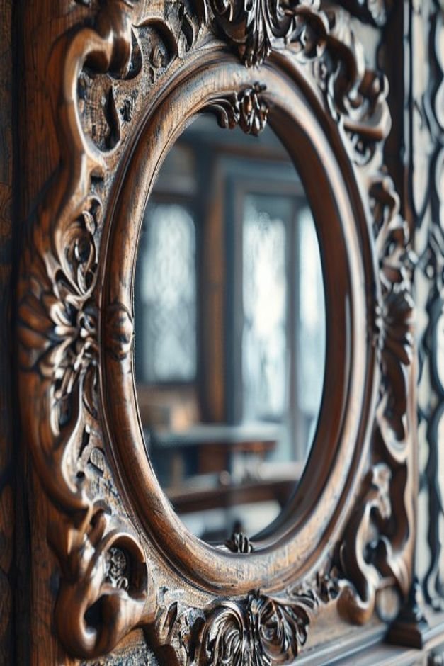 A close-up of a decorative mirror with an intricately carved wooden frame showcasing its texture and detail against a su