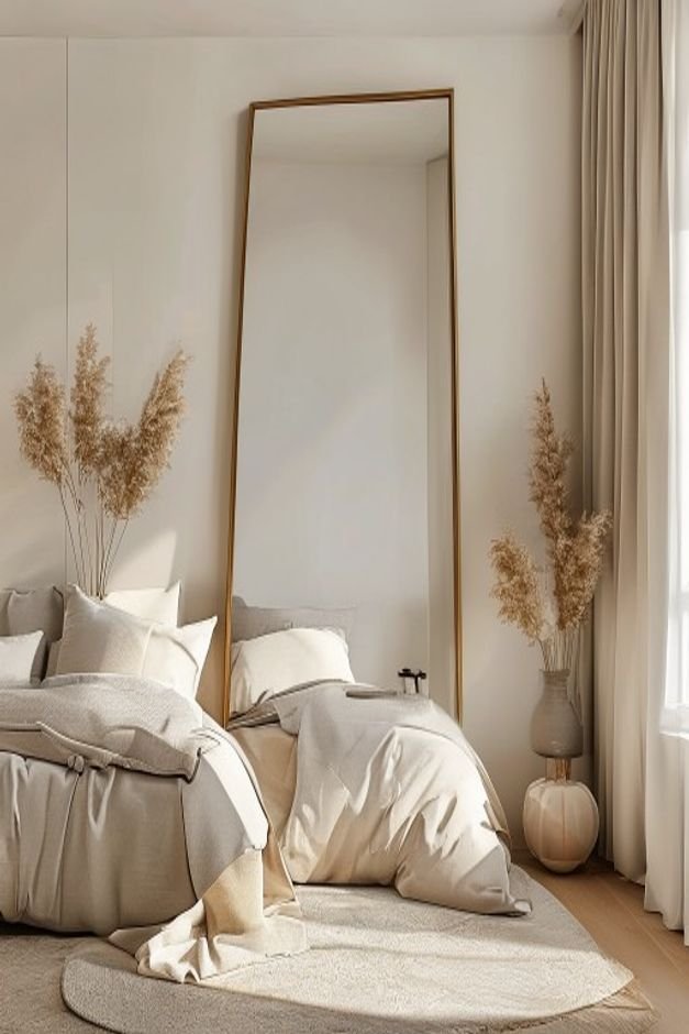 A spacious bedroom featuring an oversized full-length mirror leaning casually against a light-colored wall A comfortable