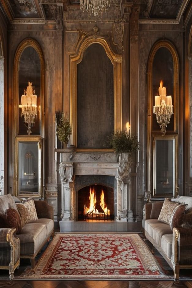 A classic living room with a grand fireplace flanked on either side by identical tall arched mirrors The mirrors perfect