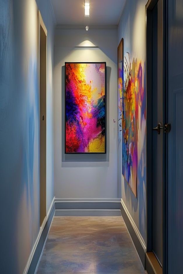 A hallway with a well-placed mirror reflecting a vibrant piece of abstract art hanging on the opposite wall The reflecti