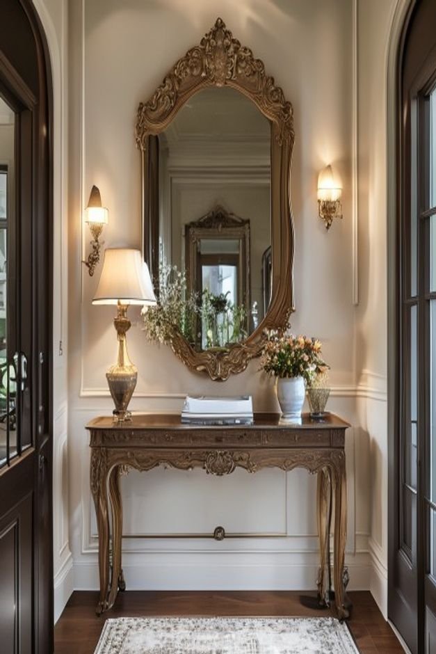 A chic entryway featuring a large ornate mirror above a slim console table The mirror s scale is perfectly balanced with