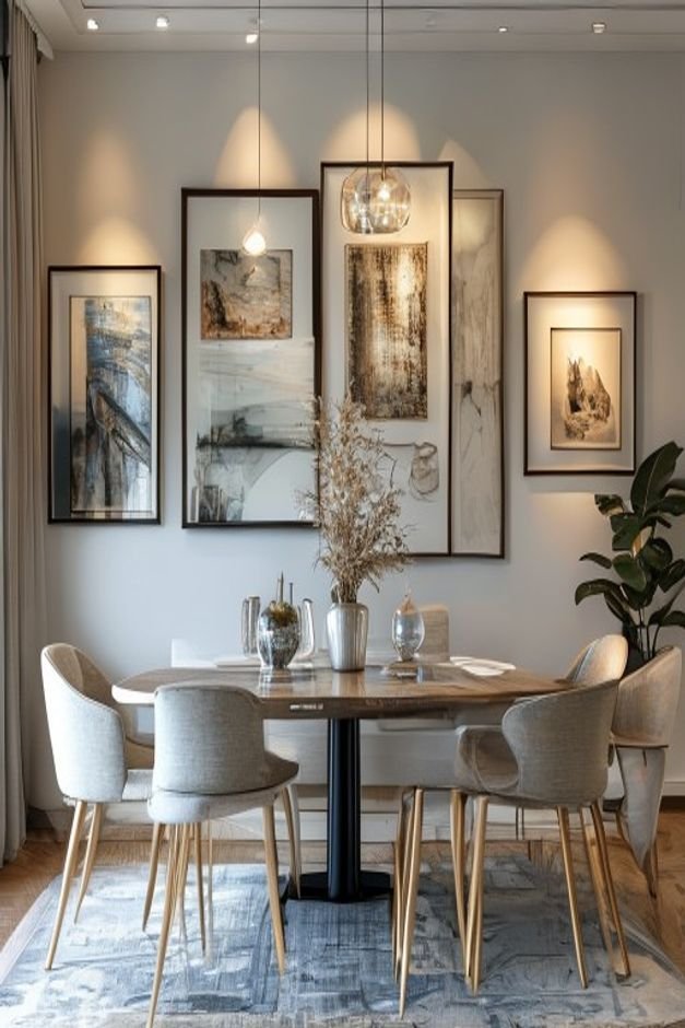 A modern gallery wall in a dining area featuring a mix of framed artwork and two strategically placed mirrors of varying