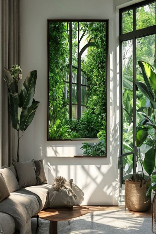 A mirror hung on a living room wall perfectly positioned to reflect a lush green garden outside a large window The refle