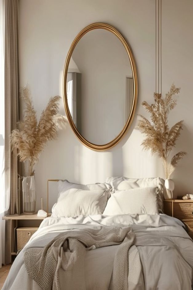 A stylish vignette in a bedroom a round mirror with a thin brass frame is hung slightly above a floating shelf On the sh