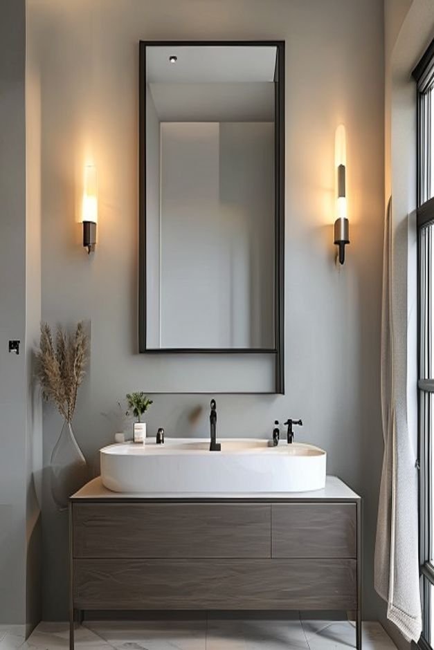 A contemporary bathroom with a large frameless mirror mounted above a double vanity Two sleek modern wall sconces are in