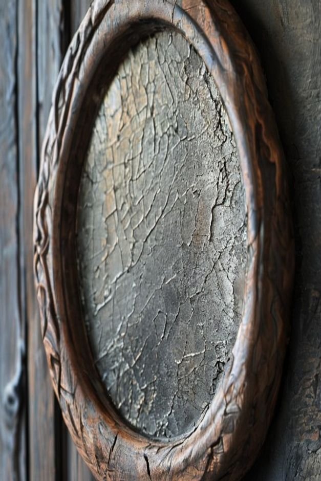 A close-up detail shot of an oval mirror with a unique textured wooden frame possibly carved or distressed The mirror is