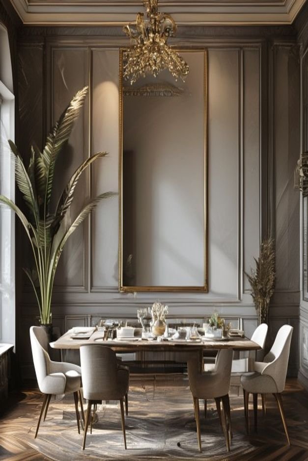 An elegant dining room with a grand rectangular mirror placed on the wall opposite the dining table The mirror effective