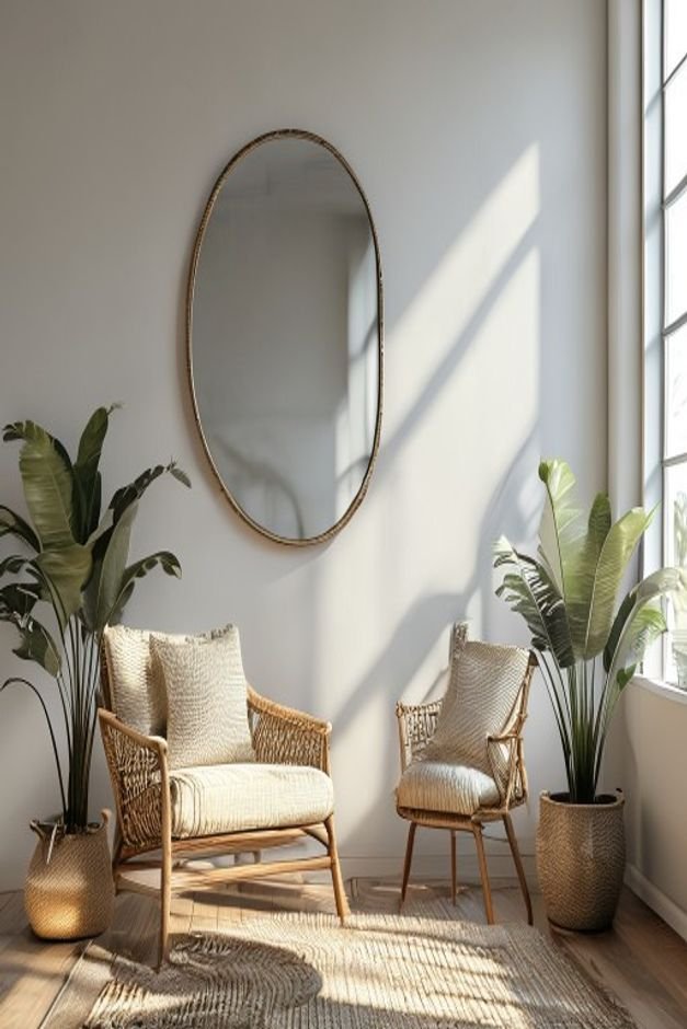 A living room corner featuring a large mirror with an industrial-style metal frame reflecting a woven rattan chair and a