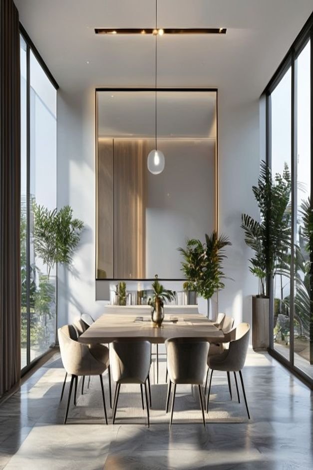 A spacious bright dining area with a large rectangular mirror taking up a significant portion of a wall positioned above