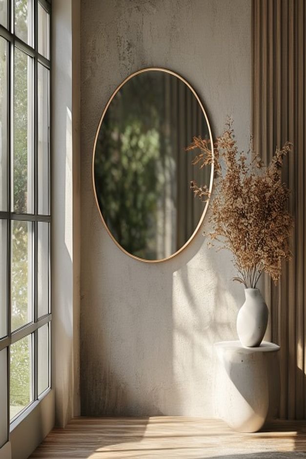 A cozy entryway with a round modern mirror placed directly across from a window reflecting and amplifying the natural da