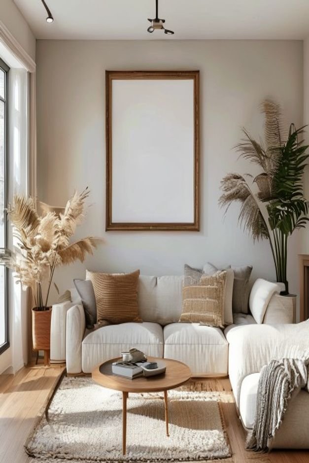 A tasteful gallery wall in a living room featuring a mix of framed art and a medium-sized simple-framed mirror seamlessl