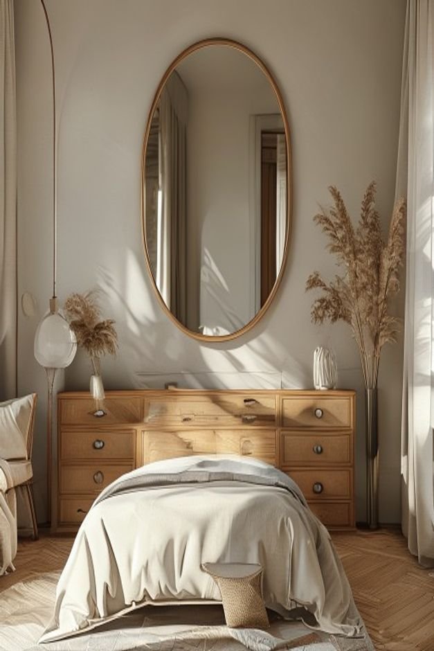 A bedroom scene with a large arched mirror positioned above a dresser creating a focal point The dresser is styled with