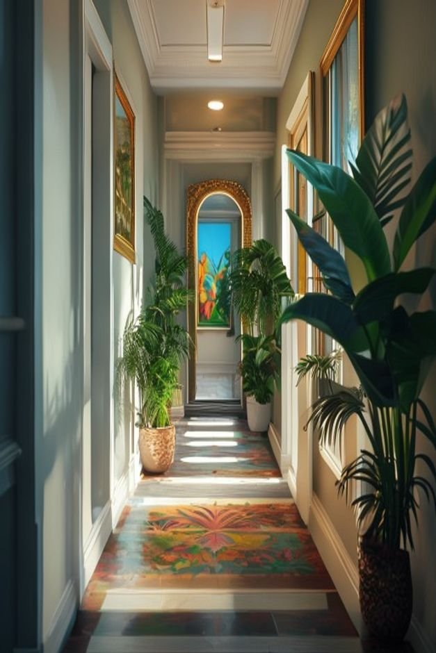 A narrow hallway with a mirror reflecting a beautiful piece of art or a vibrant plant at the end of the hall making the