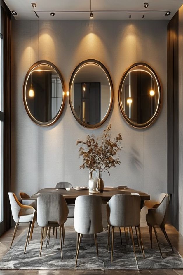 A modern dining room wall adorned with a symmetrical arrangement of three identical circular mirrors creating visual int