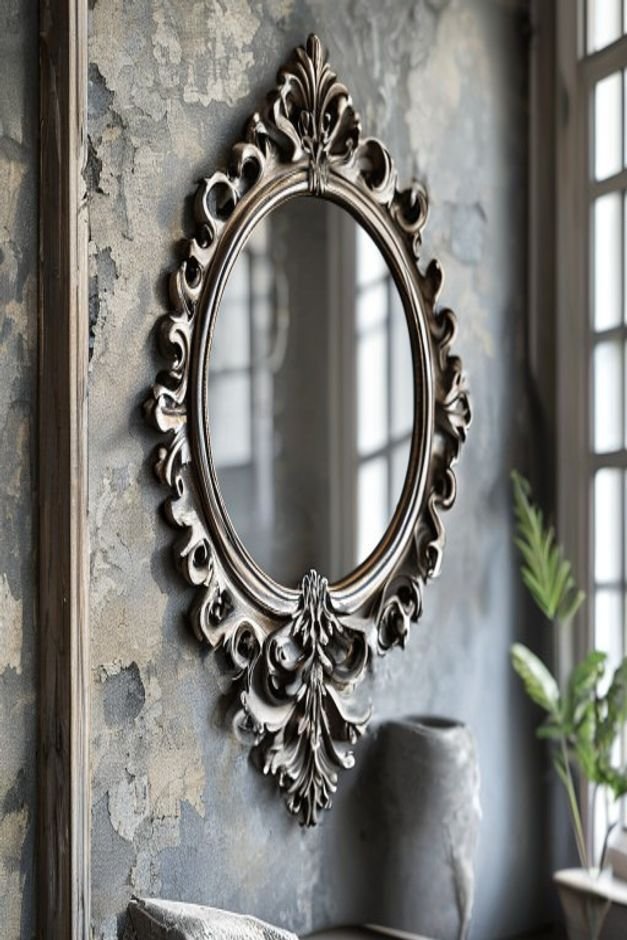 A close-up of a decorative mirror with an intricate sculptural frame e g carved wood distressed metal hanging on a simpl
